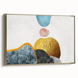 Framed canvas wall art featuring an abstract design with gold strokes and lines, showcasing a modern aesthetic. Ideal for enhancing contemporary home decor.