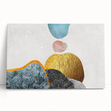 Abstract canvas wall art showcasing vibrant strokes and lines in shades of blue, orange, and gold, perfect for modern home decor. The piece adds a dynamic touch to any room with its energetic design and contemporary aesthetic.