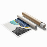 Abstract wall art print showcasing vibrant strokes and lines in shades of blue, orange, and gray, ideal for modern home decor. Perfect for adding a pop of color to any room.