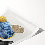 Abstract wall art print showcasing vibrant strokes and lines in shades of blue, orange, and yellow, ideal for modern decor. The rolled design allows for easy framing and display.