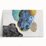 Abstract wall art featuring vibrant strokes and lines in blue, yellow, and gray hues, displayed on a stretched canvas, perfect for modern home decor. This artistic piece adds a contemporary touch to any interior setting, enhancing visual interest with its dynamic design.