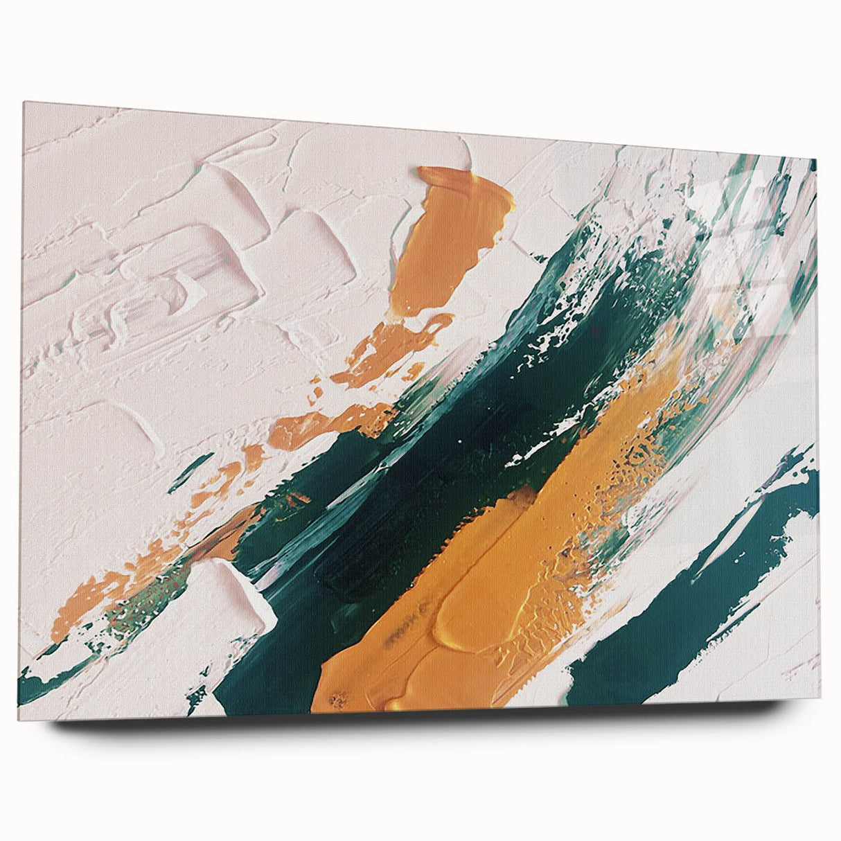 Abstract wall art with vibrant strokes and lines in a modern design, showcased in an acrylic glass frame, highlighting its colorful textures and contemporary appeal.