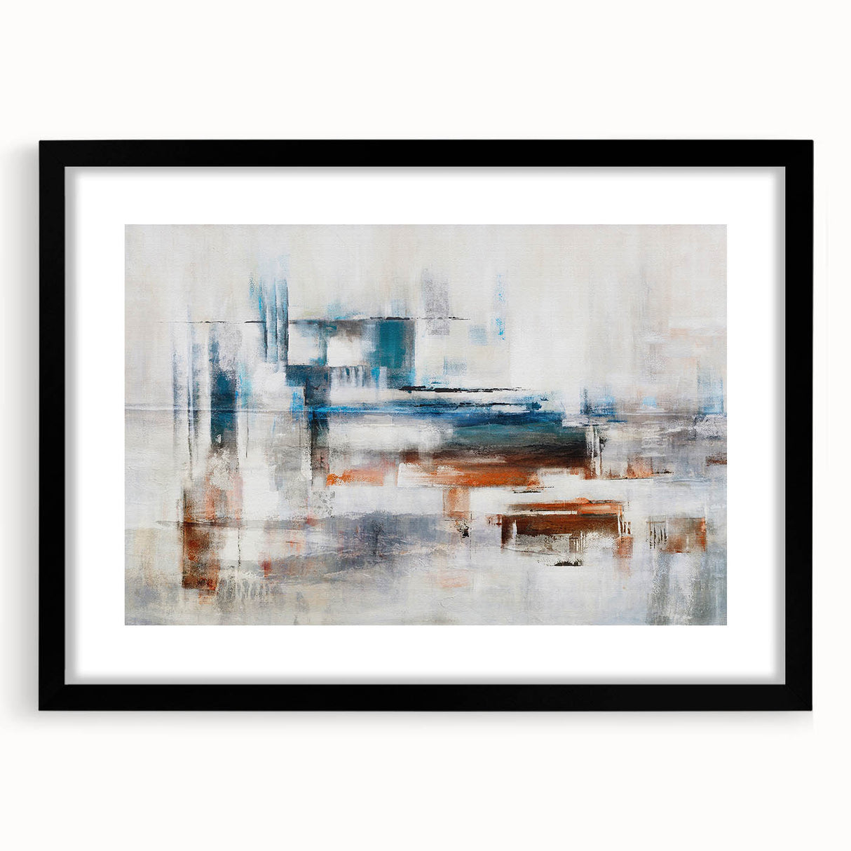 Abstract strokes and lines design wall art framed with a black mat, showcasing a modern aesthetic. Perfect for contemporary home decor, this piece adds a stylish touch to any space.