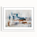 Abstract wall art featuring a modern strokes and lines design in soft pastel colors, framed with a white mat, perfect for contemporary decor. Ideal for living rooms or galleries.