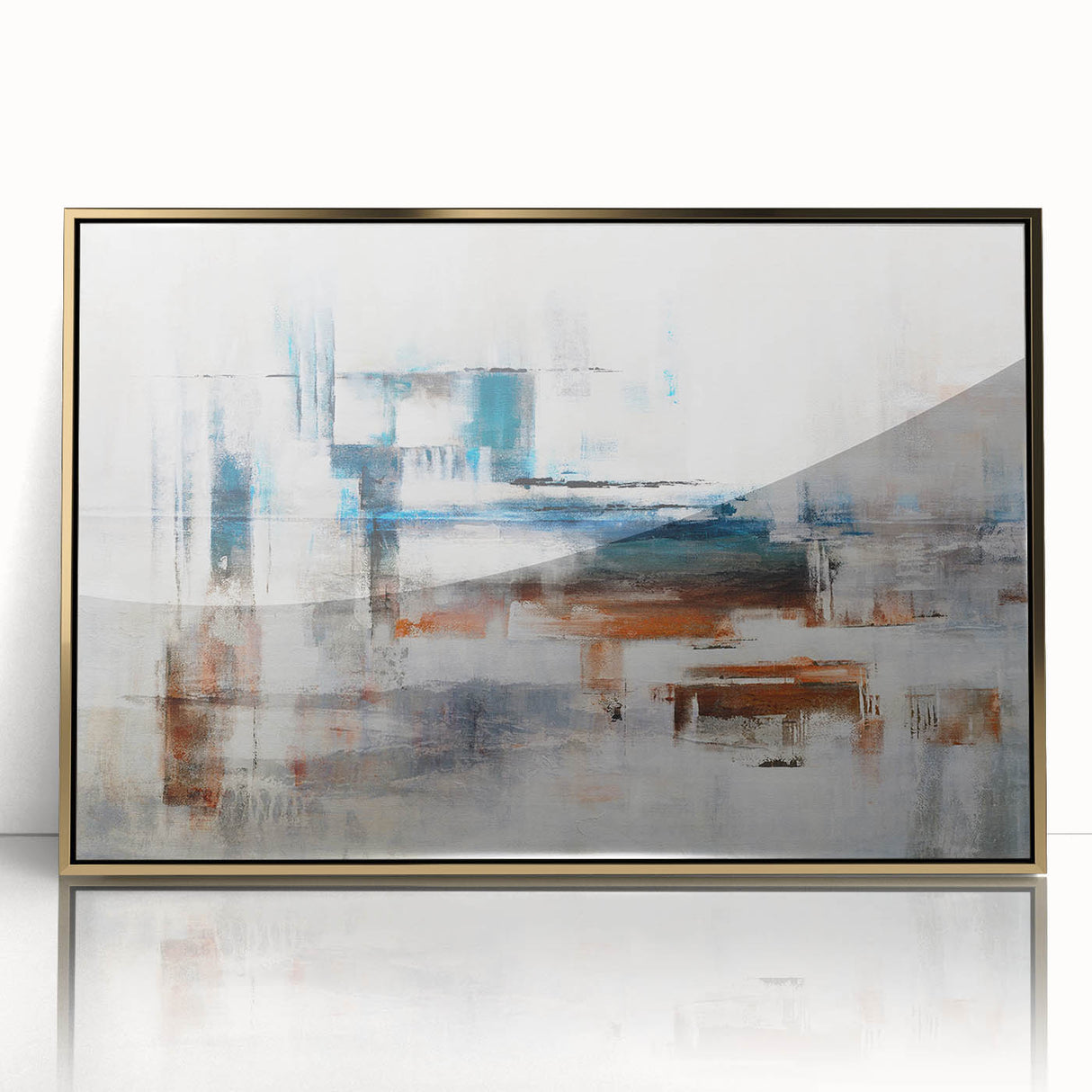 Framed wall art featuring an abstract design with gold accents and bold strokes on a white background, ideal for modern home decor. Perfect for adding elegance and style to any room.
