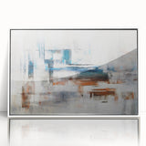 Framed acrylic wall art featuring an abstract design of colorful strokes and lines, set against a white background, perfect for modern home decor accents.