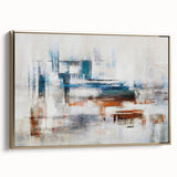 Framed canvas wall art featuring an abstract design of gold strokes and lines, showcasing a modern aesthetic suitable for contemporary decor. The artwork is displayed from a side view, highlighting its elegant framing and vibrant colors.
