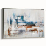 Framed canvas wall art showcasing an abstract design of colorful strokes and lines, featuring a sleek silver frame, ideal for modern home decor.