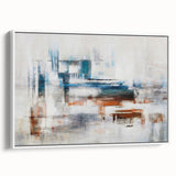 Framed canvas wall art featuring an abstract design of colorful strokes and lines on a white background, showcasing modern artistic flair and elegance. Ideal for contemporary home decor.