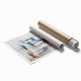 Abstract wall art print showcasing vibrant strokes and lines in shades of blue, orange, and yellow, perfect for modern home decor and artistic spaces.