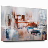 Abstract wall art featuring vibrant strokes and lines in shades of blue, yellow, and red, displayed with an acrylic glass frame, showcasing a modern design ideal for contemporary decor.