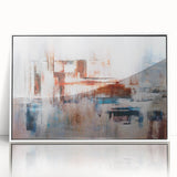 Framed abstract wall art featuring vibrant strokes and lines in shades of blue, orange, and white, showcasing a modern design perfect for contemporary decor.