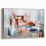 Framed wall art featuring an abstract design of colorful strokes and lines on a textured canvas, showcasing a contemporary aesthetic with a silver frame, perfect for modern home decor.