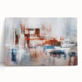 Abstract wall art featuring vibrant strokes and lines in shades of blue, orange, and gold. This stretched canvas design adds a modern touch to any decor.