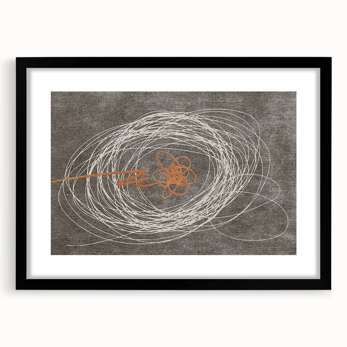 Abstract wall art featuring bold strokes and lines in a modern design, framed with a black mat, showcasing a contemporary aesthetic perfect for home decor.