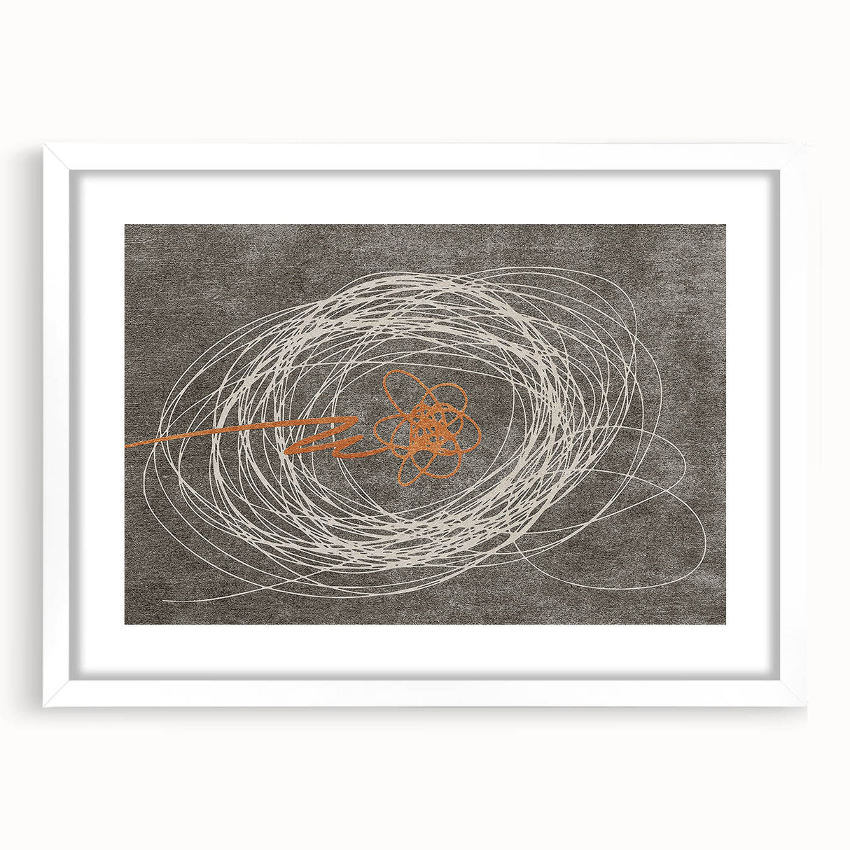 Abstract strokes and lines in a modern wall art design, framed with a white mat, showcasing a contemporary aesthetic perfect for home decor.