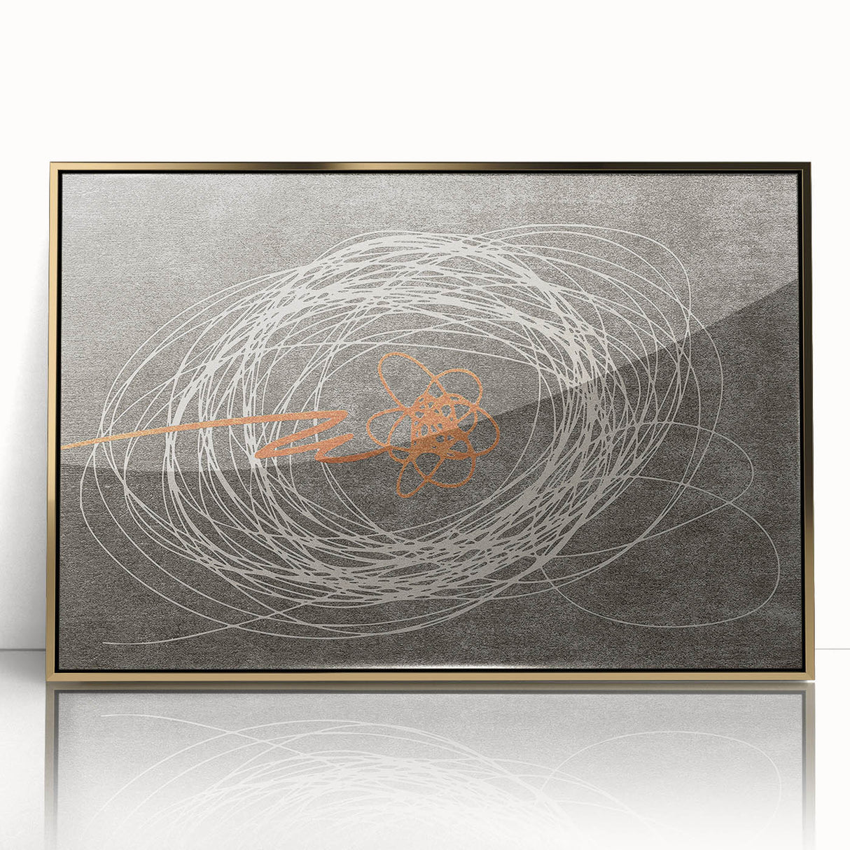 Abstract wall art featuring a collection of bold strokes and lines in gold and black, framed in acrylic for a modern touch, ideal for contemporary home decor.