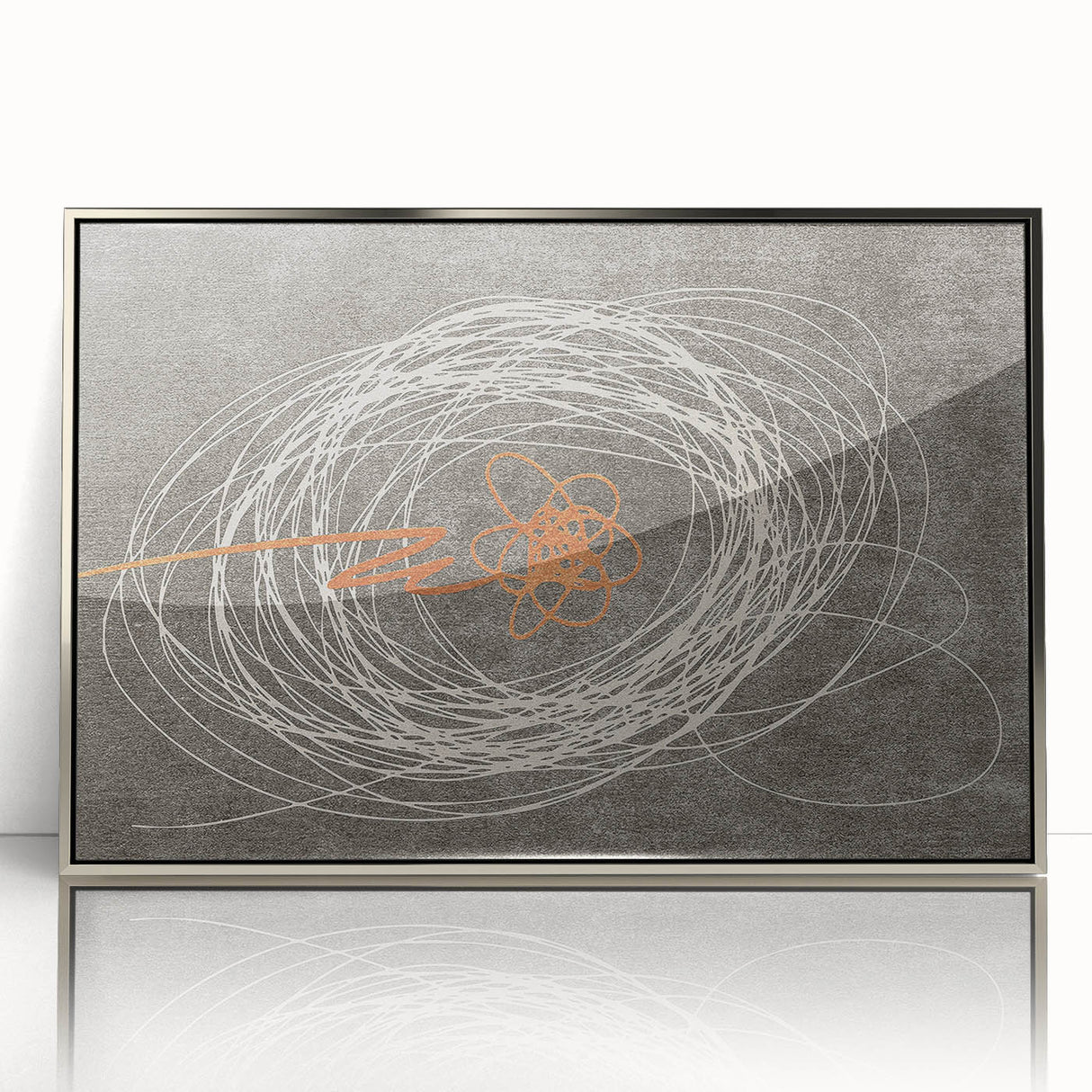 Framed acrylic wall art featuring abstract strokes and lines in silver tones, perfect for modern decor. Ideal for elevating living spaces with contemporary style.