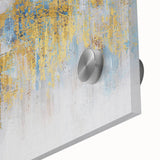 Close-up of an abstract wall art piece showcasing colorful strokes and lines on acrylic glass, highlighting vibrant hues of blue, orange, and yellow for a modern decor accent.