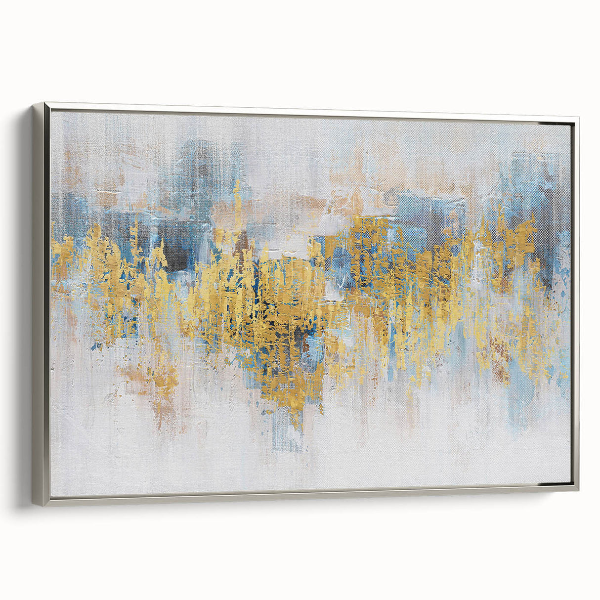 Framed canvas wall art featuring an abstract design of colorful strokes and lines in a modern silver frame, ideal for contemporary home decor.
