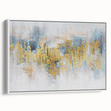 Framed canvas wall art showcasing an abstract design with bold strokes and lines in varying shades of blue, green, and white, perfect for modern decor.