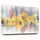 Abstract wall art design showcasing vibrant strokes and lines in a modern acrylic glass frame, elegantly displayed with visible mounting pins, perfect for contemporary decor.