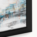 Close-up of a framed canvas wall art piece showcasing an abstract design with colorful strokes and lines, perfect for modern home decor. This vibrant artwork adds a contemporary touch to any room, featuring a blend of bold hues and dynamic patterns that enhance the aesthetic appeal of your space.