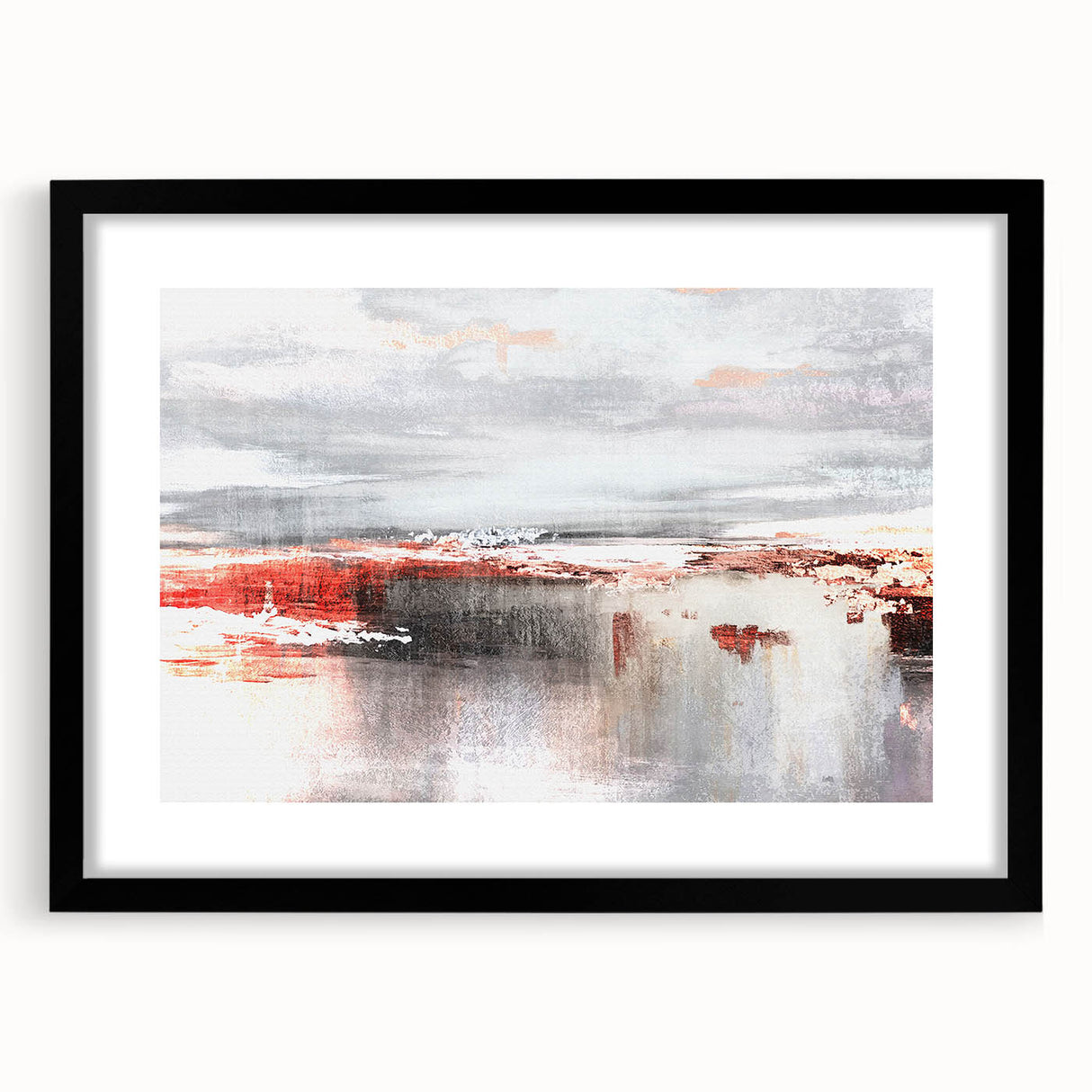 Abstract wall art featuring dynamic strokes and lines in a minimalist black frame with a mat, perfect for modern home decor. Ideal for enhancing contemporary interiors.