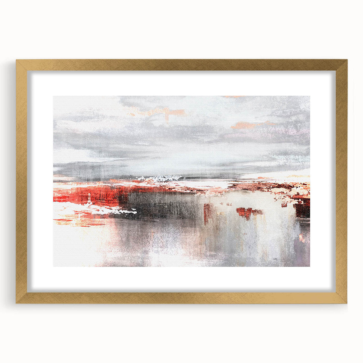 Abstract wall art featuring a design of colorful strokes and lines in a gold frame with a mat, perfect for modern home decor. Ideal for enhancing living spaces.
