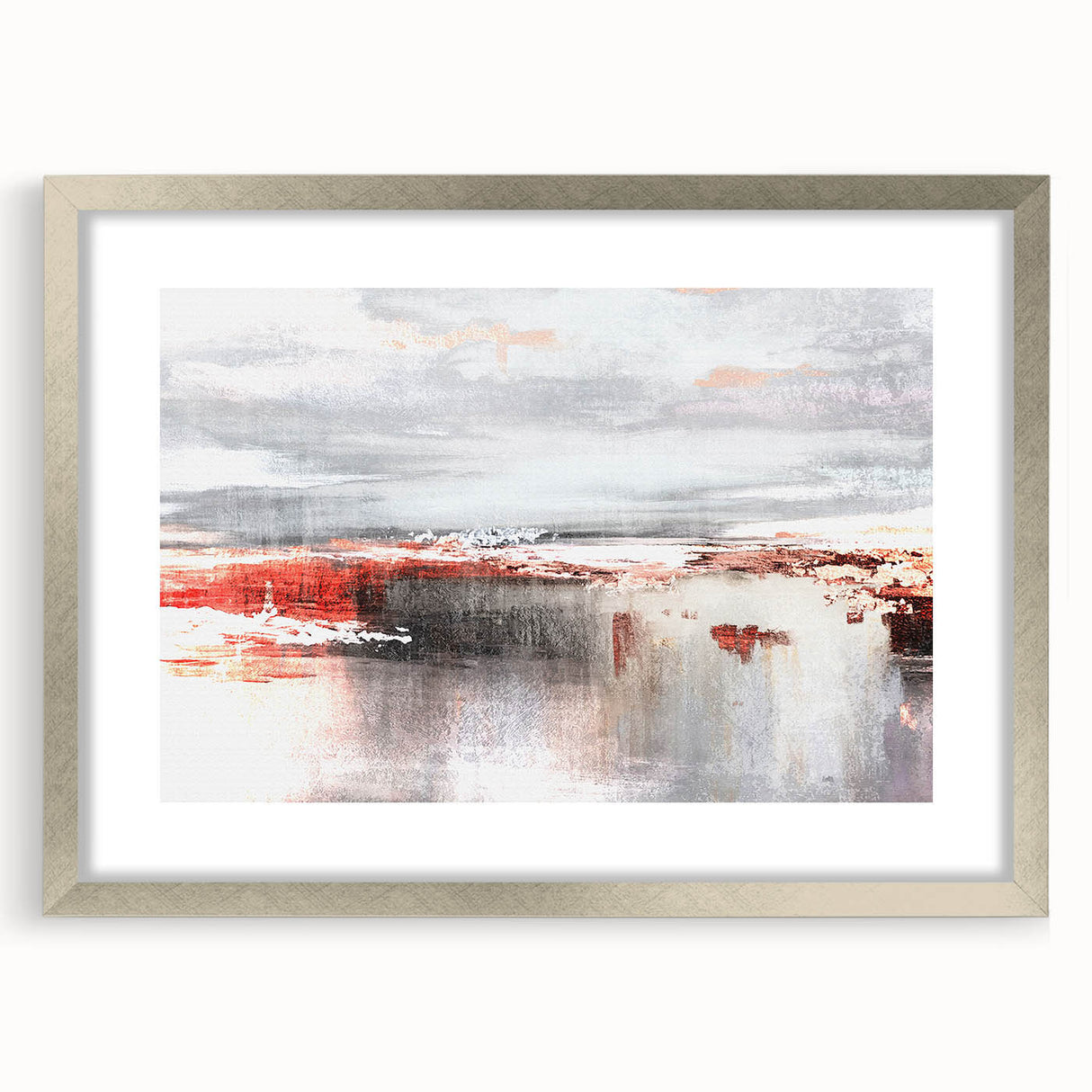 Abstract wall art featuring dynamic strokes and lines in a modern design, framed in silver with a mat for an elegant presentation, perfect for contemporary decor.