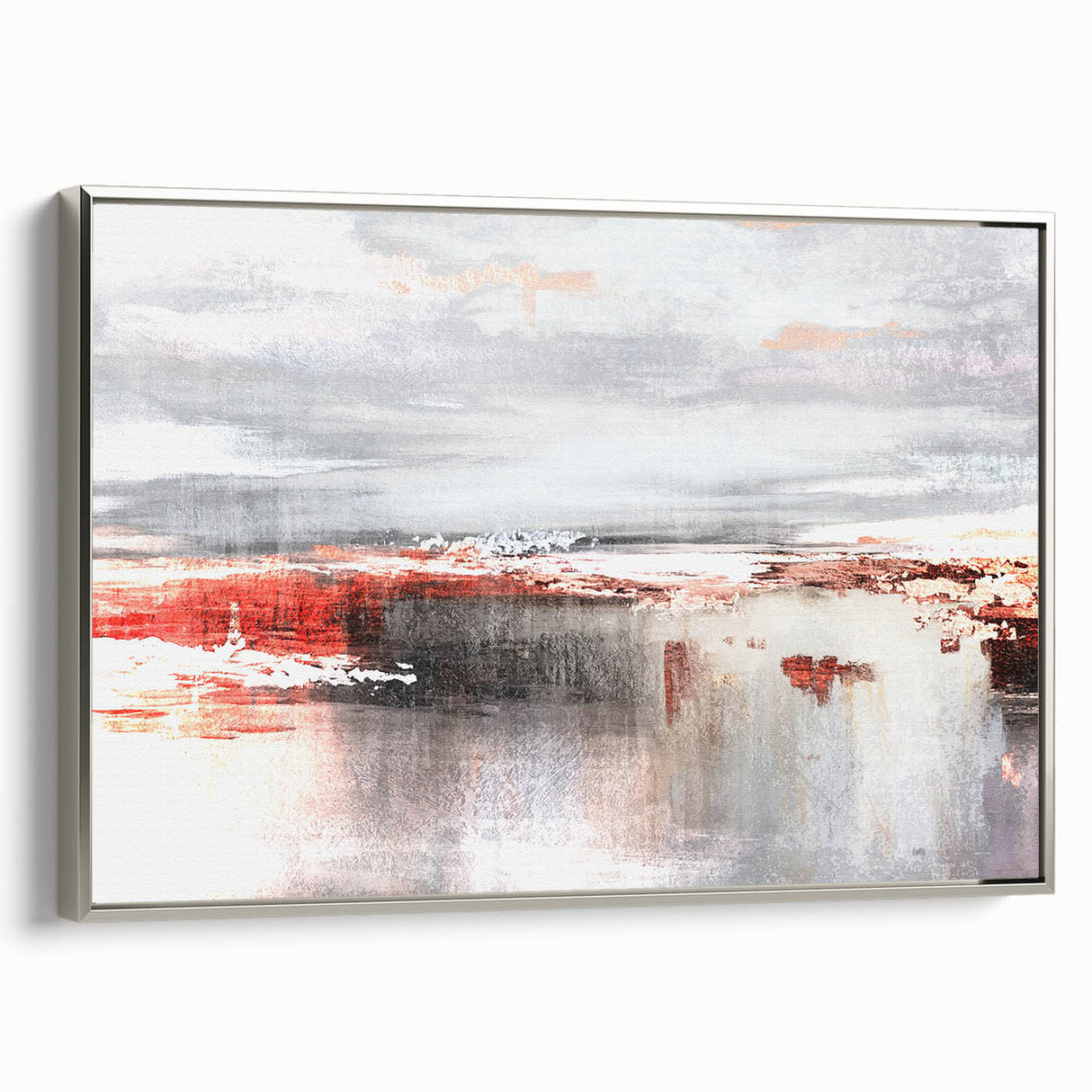 Framed wall art featuring an abstract design of colorful strokes and lines, set against a sleek silver frame, showcasing a modern aesthetic perfect for contemporary decor.