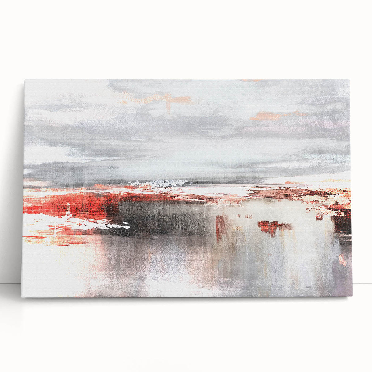 Abstract wall art featuring vibrant strokes and lines in a variety of colors, designed for modern home decor. The stretched canvas leans against a wall, showcasing its unique artistic style, perfect for enhancing any interior space.