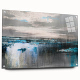 Abstract wall art design showcasing colorful strokes and lines on acrylic glass, displayed from a side view with metal pins, perfect for modern decor.