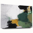 Acrylic glass wall art featuring an abstract design of colorful strokes and lines, elegantly displayed from the side with metal pins holding it in place. Ideal for modern home decor, this piece adds a vibrant touch to any interior setting.