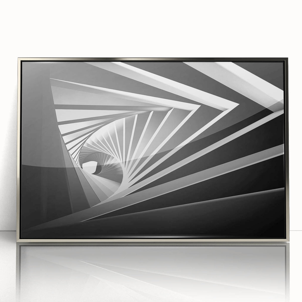 Art deco poster featuring abstract architecture in silver and gray tones on a framed acrylic.