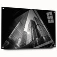 Large abstract wall art in muted gray and blue tones on acrylic glass, ideal for modern bedroom or dining room ambiance.