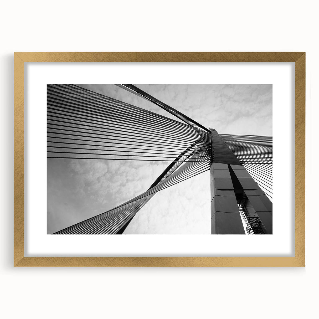 Textured abstract art print in gold frame, featuring a blend of swirling gray and white tones, suitable for bedroom decor.