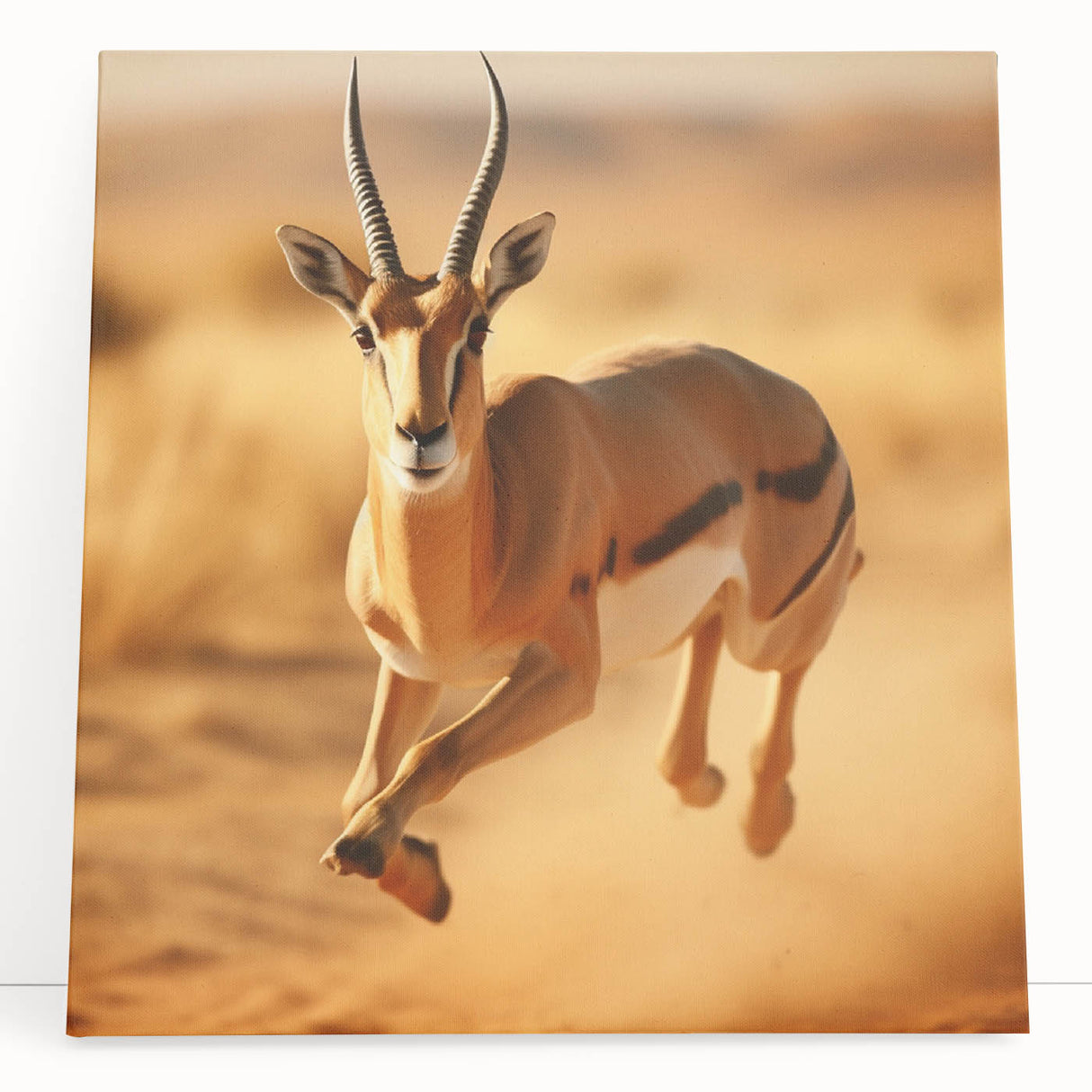 Vibrant stretched canvas artwork depicting a graceful antelope in a natural setting, perfect for wildlife enthusiasts and home decor, showcasing earthy tones and dynamic movement.