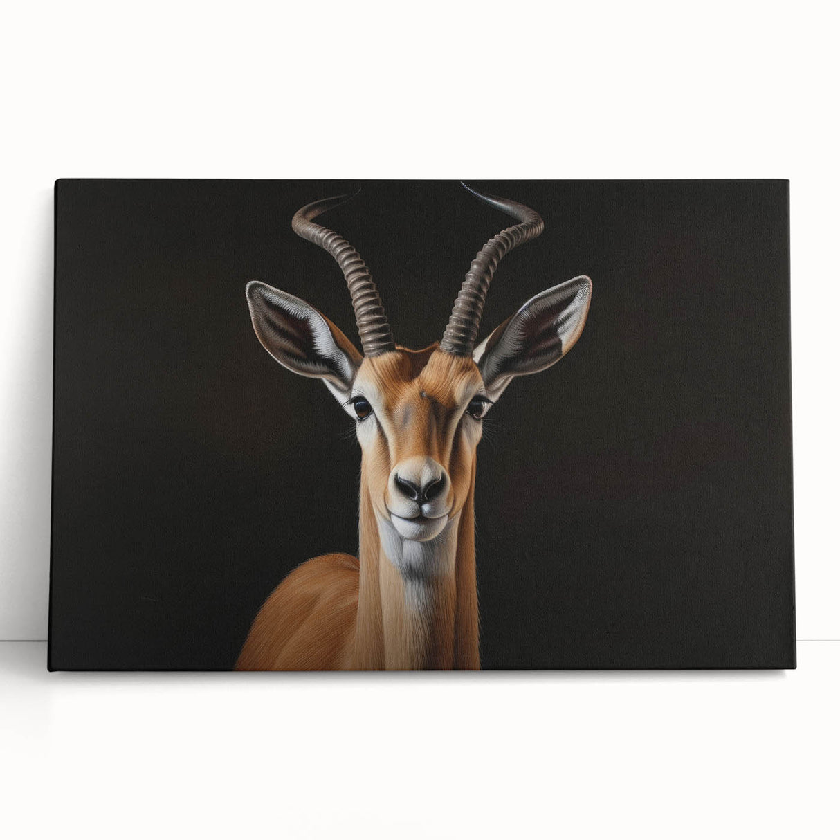 Stretched canvas wall art depicting a vibrant antelope design, showcasing intricate details in earthy tones, perfect for nature enthusiasts and home decor.