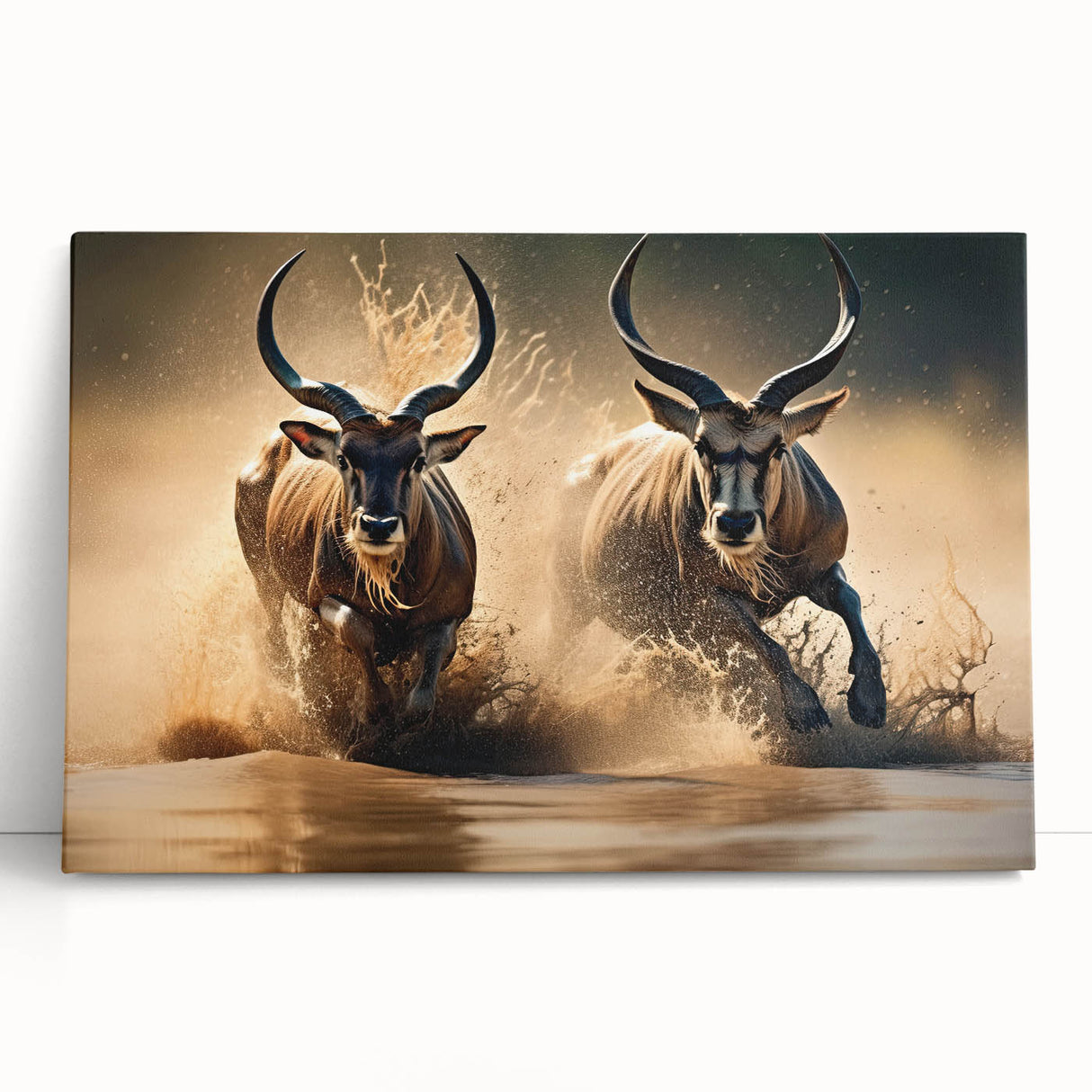 Stretched canvas wall art featuring a vibrant antelope design, showcasing rich colors and detailed textures, perfect for enhancing home decor with a wildlife theme.
