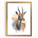 Antelope-themed wall art in a gold frame, showcasing a striking design with intricate details and a mat border, perfect for adding elegance to home decor.
