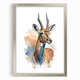 Framed wall art featuring a majestic antelope design, set in a sleek silver frame with a mat, perfect for enhancing wildlife-themed decor in modern interiors.