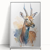 Framed wall art featuring a striking antelope design, set in a white frame with a sleek acrylic front, perfect for adding a touch of wildlife elegance to any room.