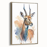 Framed canvas wall art showcasing a golden antelope design in profile, ideal for wildlife enthusiasts, enhancing home decor with its elegant aesthetic.