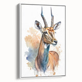 Framed wall art featuring a side view of a striking antelope design, showcasing vibrant colors and intricate details, perfect for wildlife enthusiasts and home decor.