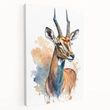 Stretched canvas wall art showcasing a side view of a graceful antelope in a natural setting, perfect for enhancing home decor with wildlife elegance.
