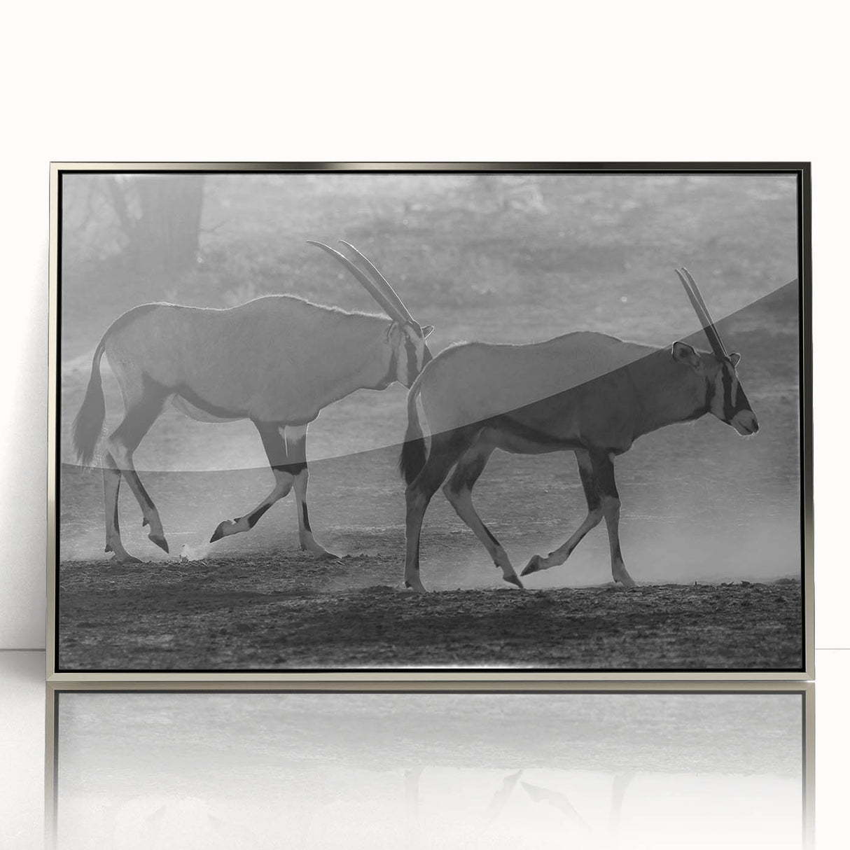 Framed wall art showcasing a vibrant antelope design, elegantly displayed with a silver border, perfect for enhancing modern home decor and wildlife enthusiasts' collections.