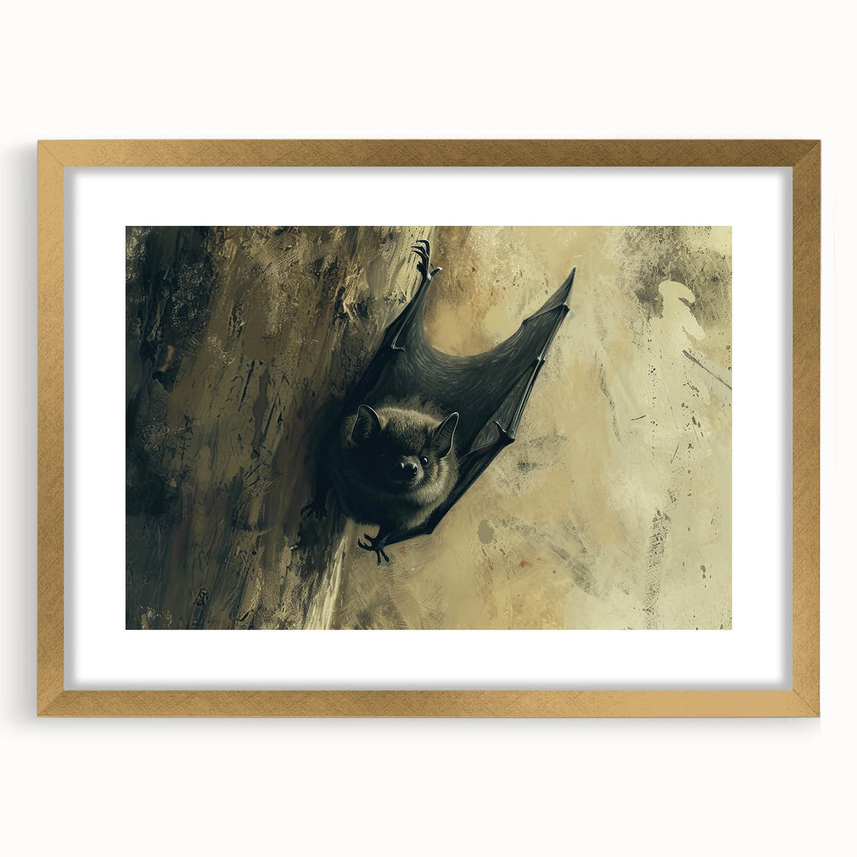 Gold-framed wall art showcasing a detailed bat design from the 'Animals A Wild Life' collection, elegantly matted for enhanced presentation and decor appeal.