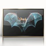 Framed acrylic wall art featuring a bat design from the "Animals: A Wild Life" collection, with a gold frame, perfect for adding a touch of nature-inspired elegance to any space.