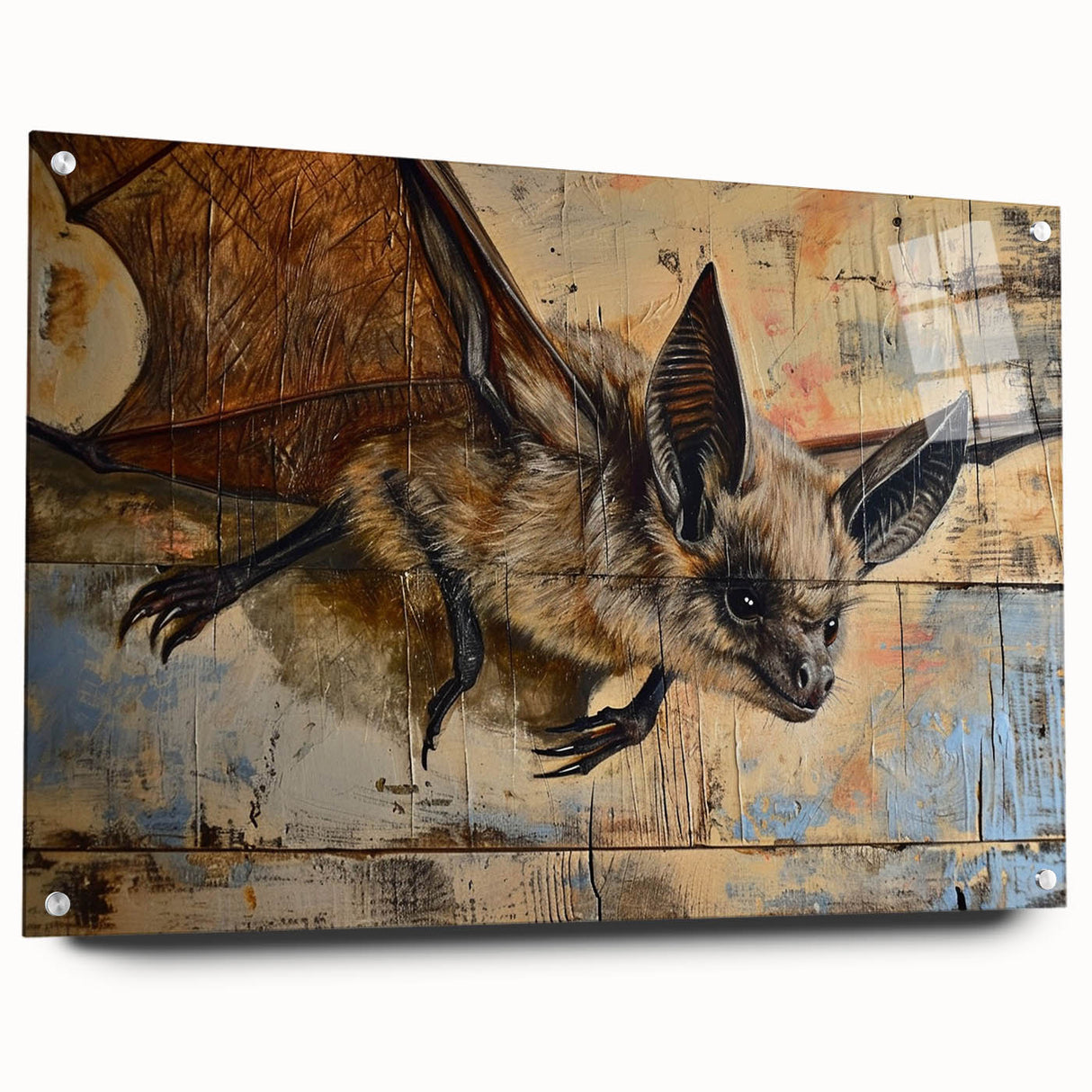Acrylic wall art collection showcasing a bat design in vibrant colors, displayed from a side view with decorative pins, ideal for wildlife-themed decor.